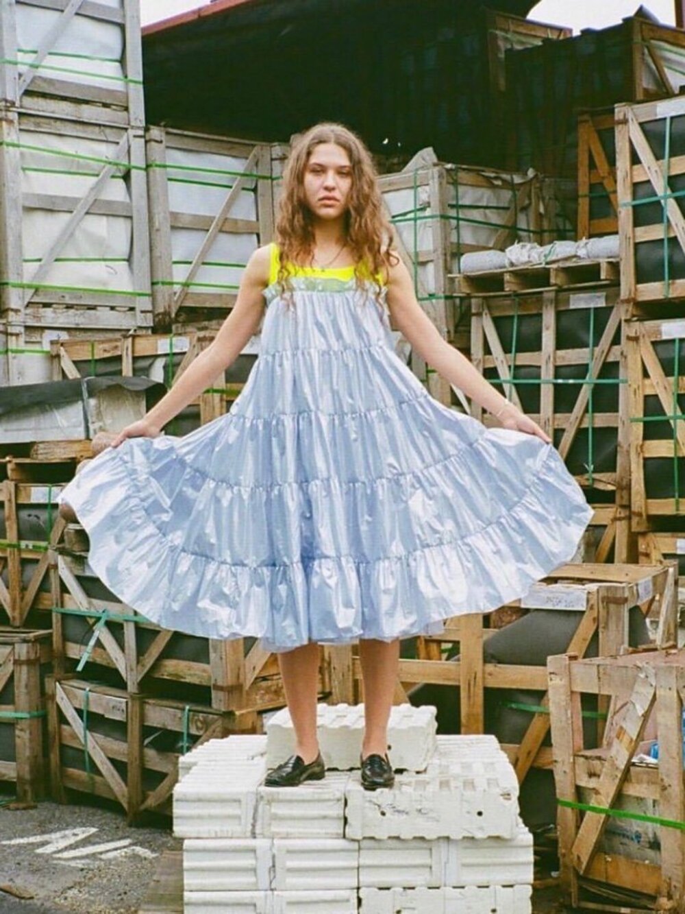 Sandy Liang Pianos Dress Ice Blue Neon Yellow Tiered Maxi Size 8 Rare Archival